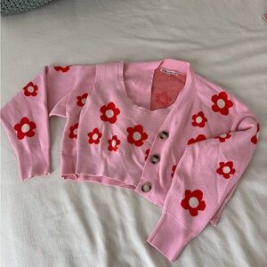Floral Pink Sweater Cardigan Set